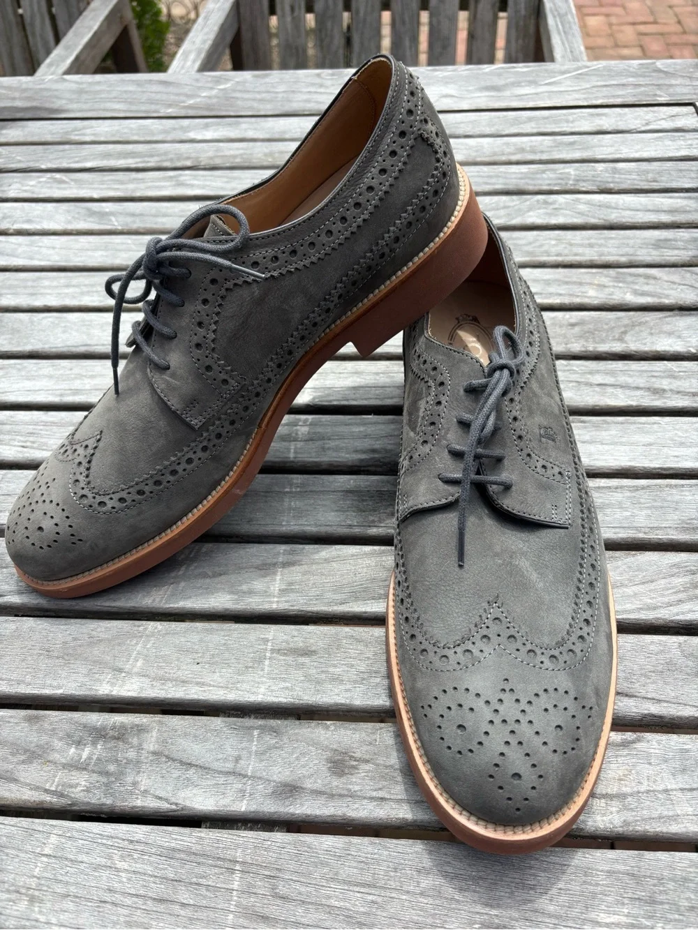 Tod’s Derby Bucature Wing Tip Lace Up Suede Oxfords Sage Green Size 11